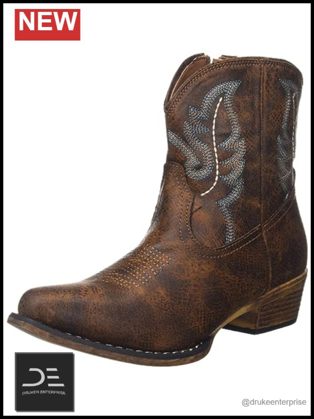 Faux Leather Snip Toe Western Boot with Embroidered Heel